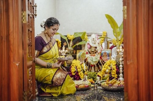 Pragathi Rishab Shetty in a temple