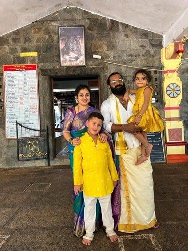 Pragathi Rishab Shetty with her husband and children